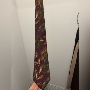 Dior Burgundy Tie with Gold and Gray Leaf Design